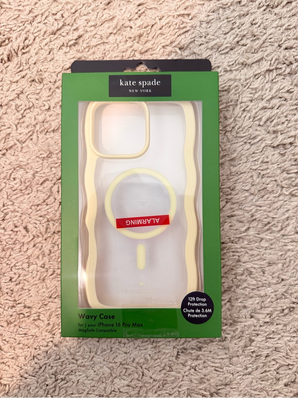 kate spade Clear Wavy iPhone Case 16 pro max  with Pale Yellow Trim and Ring